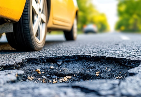 Yellow vehicle driving past a pot hole in the road