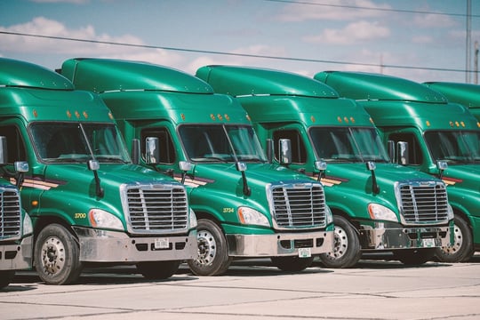 fleet management for a group of green semi trucks parked in a row